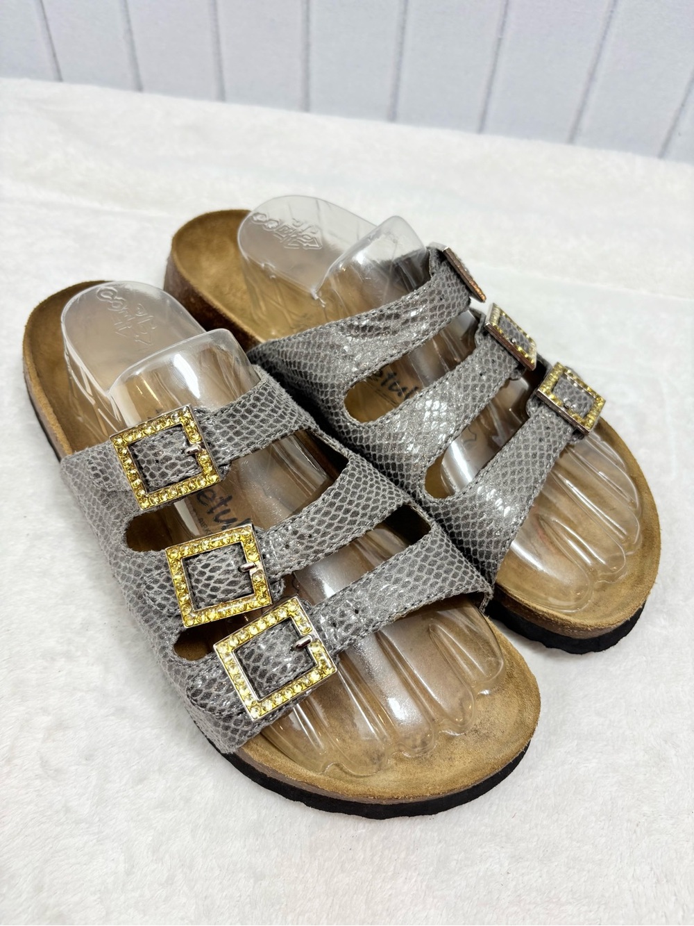 Betula by Birkenstock Gray Triple-Buckle Sandals Gold Rhinestone Buckles